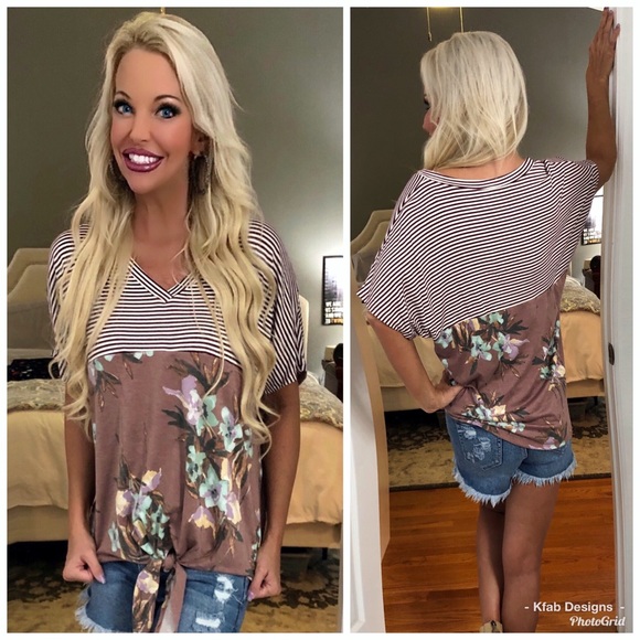 LAST ONE! Mauve V Neck Contrast Print Tie Top! - Picture 6 of 8